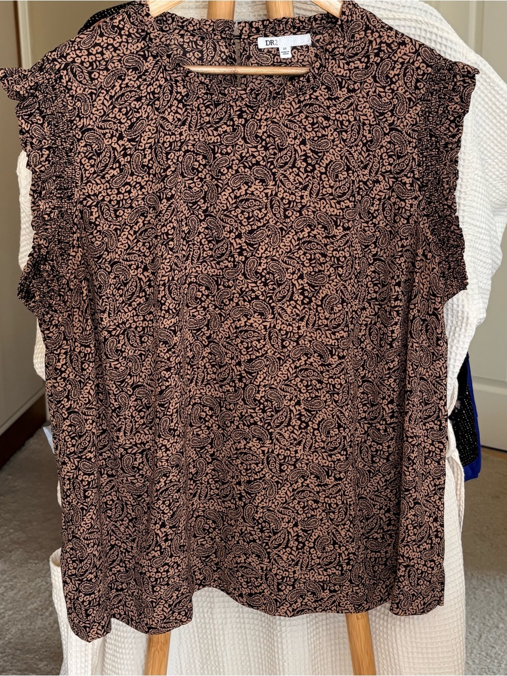 DR2 Black & Clay Paisley Ruffled Cap-Sleeve Top 3X